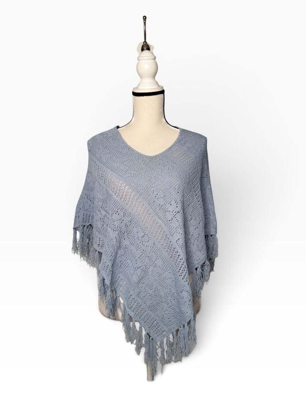 Bette Sung Crochet Knit Poncho Size OS Light Blue Geometric Fringe